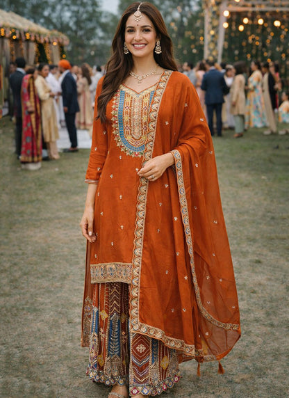 Orange Chinon Embroidery Work Occasional Wear Readymade Plazzo Suit SW196527