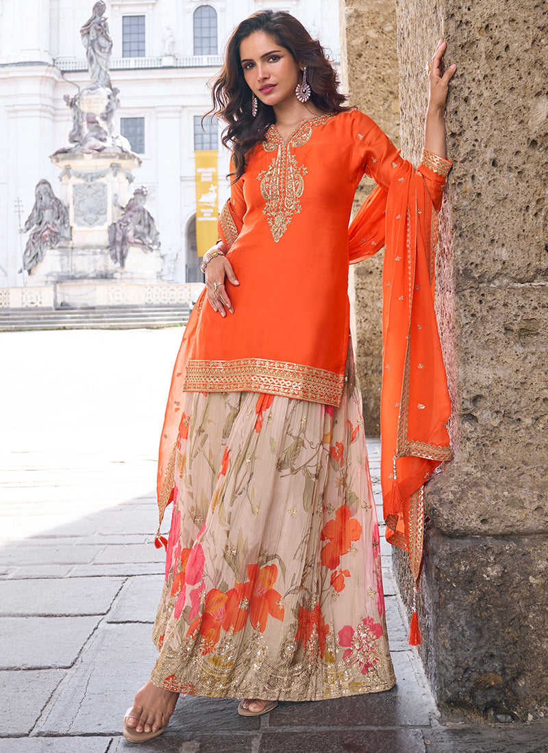 Orange Chinon Sequins Work  Occasional Wear Plazzo Salwar Suit SW352375
