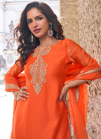 Orange Chinon Sequins Work  Occasional Wear Plazzo Salwar Suit SW352375