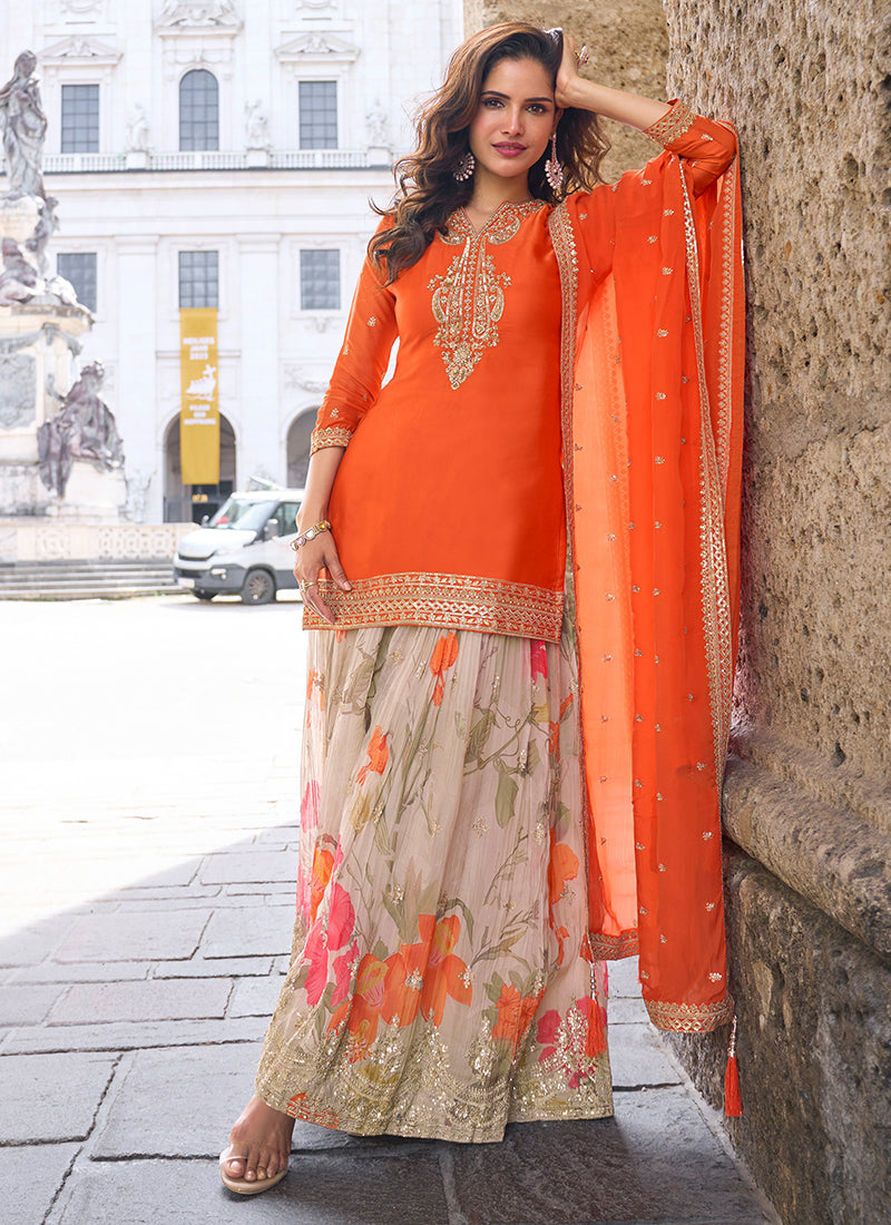 Orange Chinon Sequins Work  Occasional Wear Plazzo Salwar Suit SW352375