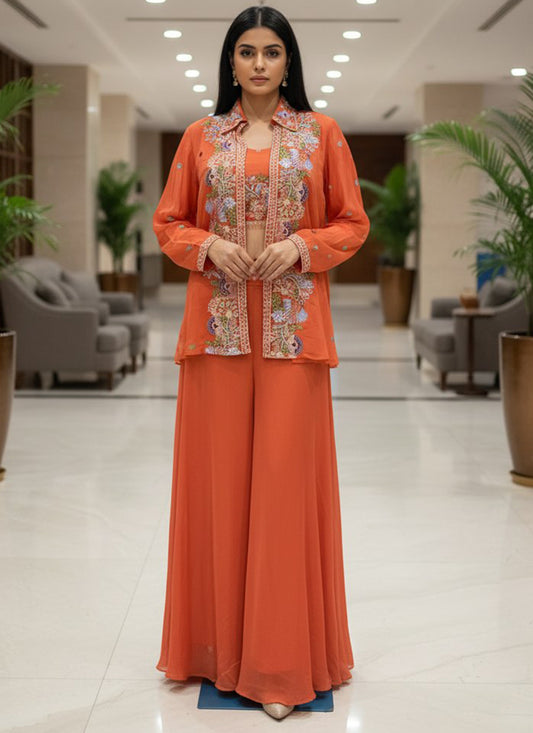 Orange Chinon Silk Embroidery Work Occasional Wear Readymade Paty Wear SW672822