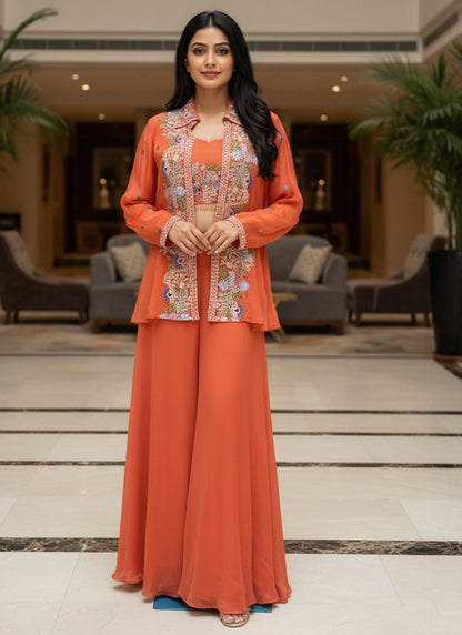 Orange Chinon Silk Embroidery Work Occasional Wear Readymade Paty Wear SW672822