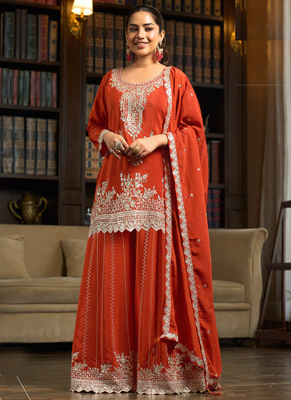 Orange Chinon Silk Sequins Work Wedding Wear Readymade Plazzo Suit SW822490