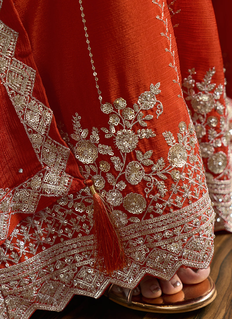 Orange Chinon Silk Sequins Work Wedding Wear Readymade Plazzo Suit SW822490