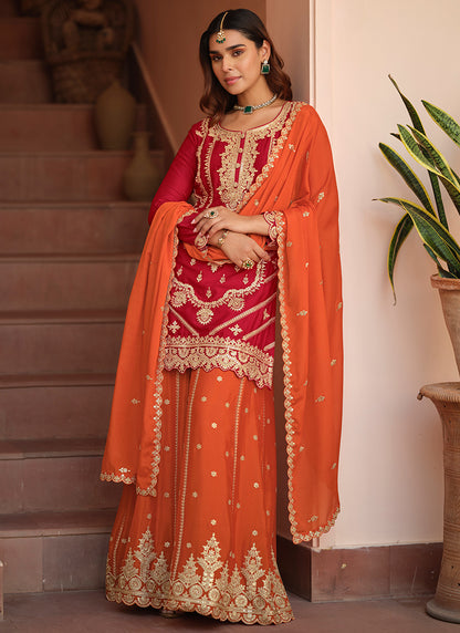 Orange Chinon Silk Zari Embroidery Work Wedding Wear Readymade Plazzo Suit SW886287