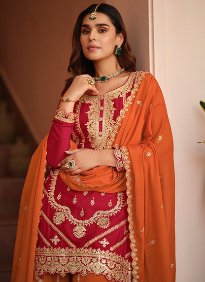 Orange Chinon Silk Zari Embroidery Work Wedding Wear Readymade Plazzo Suit SW886287