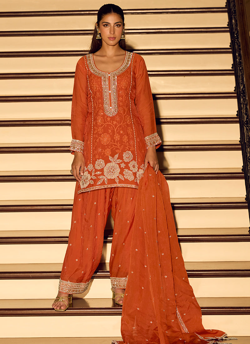 Chinon Silk Orange Wedding Wear Zari Embroidery Work Readymade Salwar Suit 388779