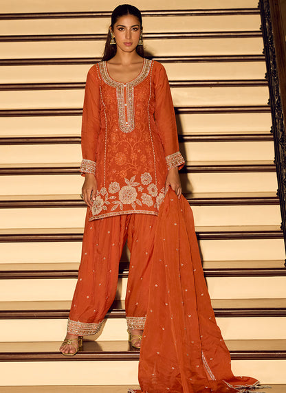 Chinon Silk Orange Wedding Wear Zari Embroidery Work Readymade Salwar Suit 388779