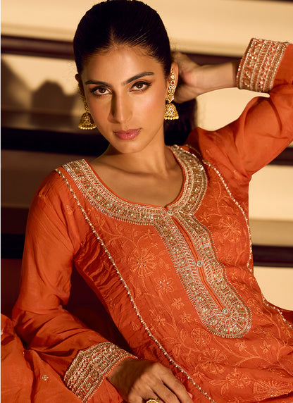 Chinon Silk Orange Wedding Wear Zari Embroidery Work Readymade Salwar Suit 388779