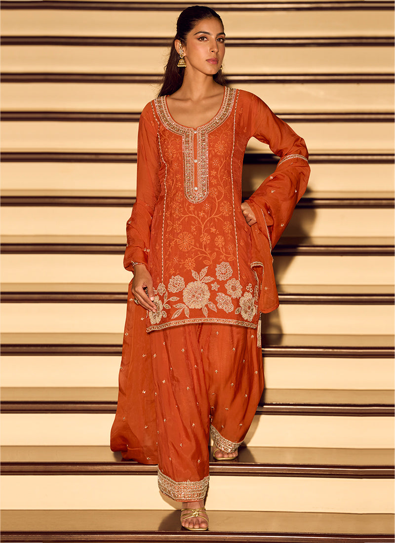 Chinon Silk Orange Wedding Wear Zari Embroidery Work Readymade Salwar Suit 388779