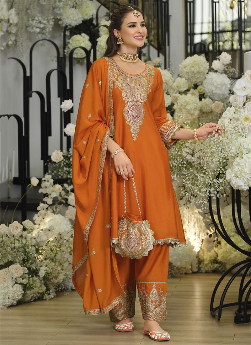Orange Chinon Embroidery Work Wedding Wear Readymade Salwar Suit SW893083