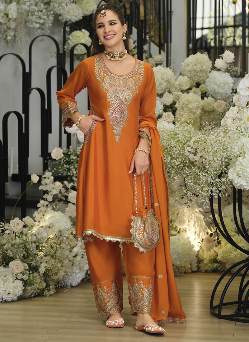 Orange Chinon Embroidery Work Wedding Wear Readymade Salwar Suit SW893083