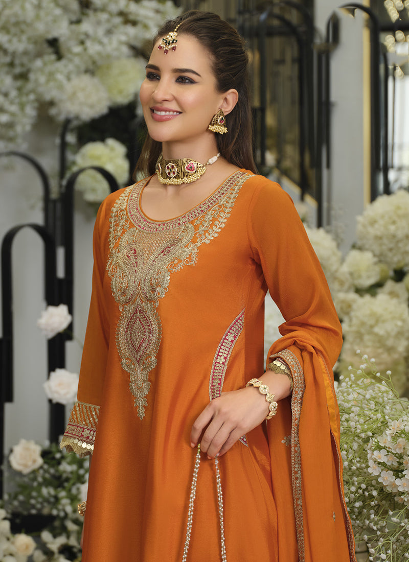 Orange Chinon Embroidery Work Wedding Wear Readymade Salwar Suit SW893083