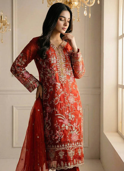 Orange Crunchy Silk Zari Work Eid Wear Readymade Salwar Suit SW823459