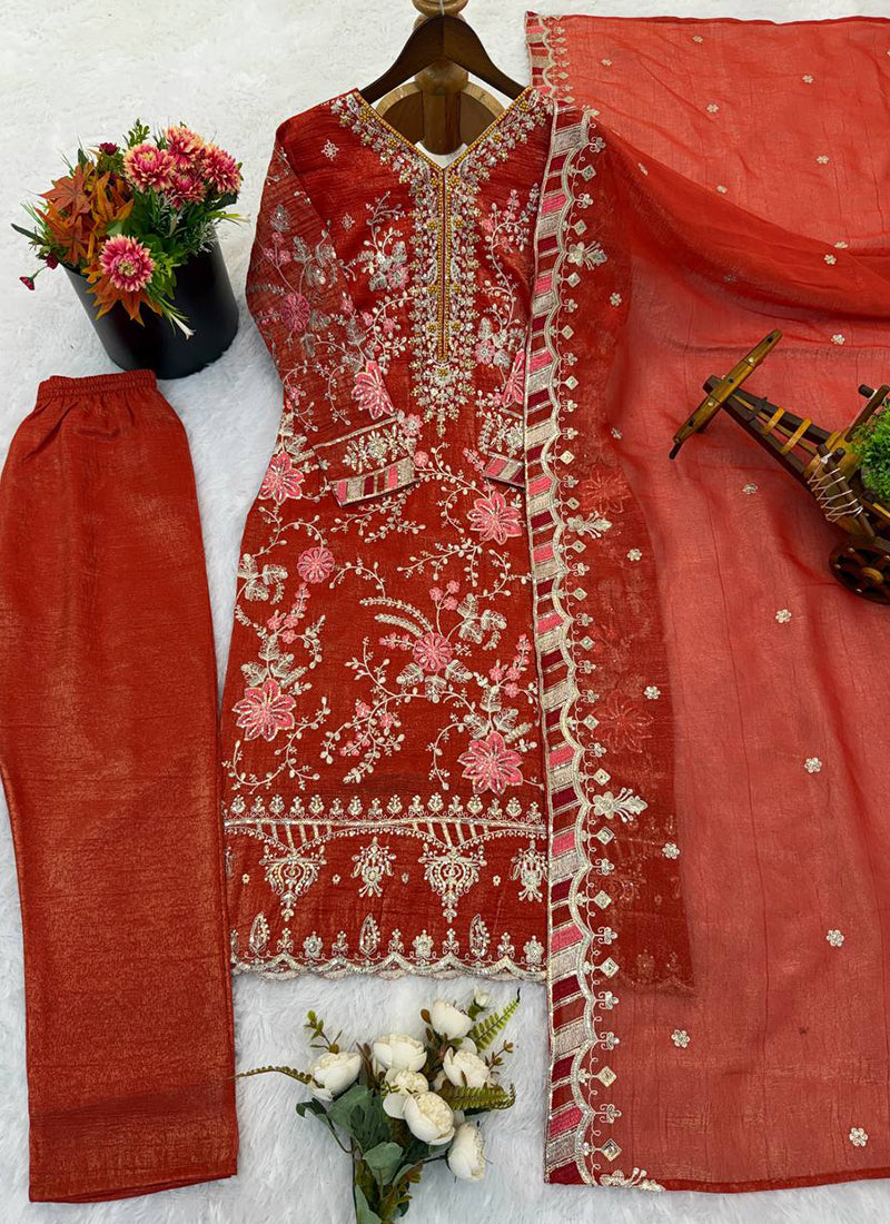 Orange Crunchy Silk Zari Work Eid Wear Readymade Salwar Suit SW823459