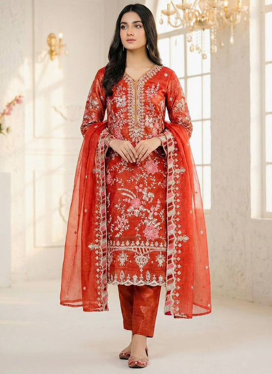 Orange Crunchy Silk Zari Work Eid Wear Readymade Salwar Suit SW823459