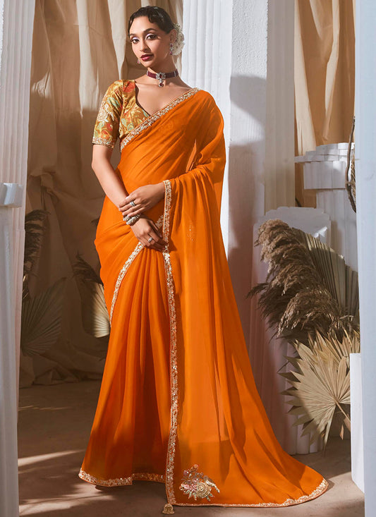 Fancy Orange Bridal Wear Saree with Lace Work 381693