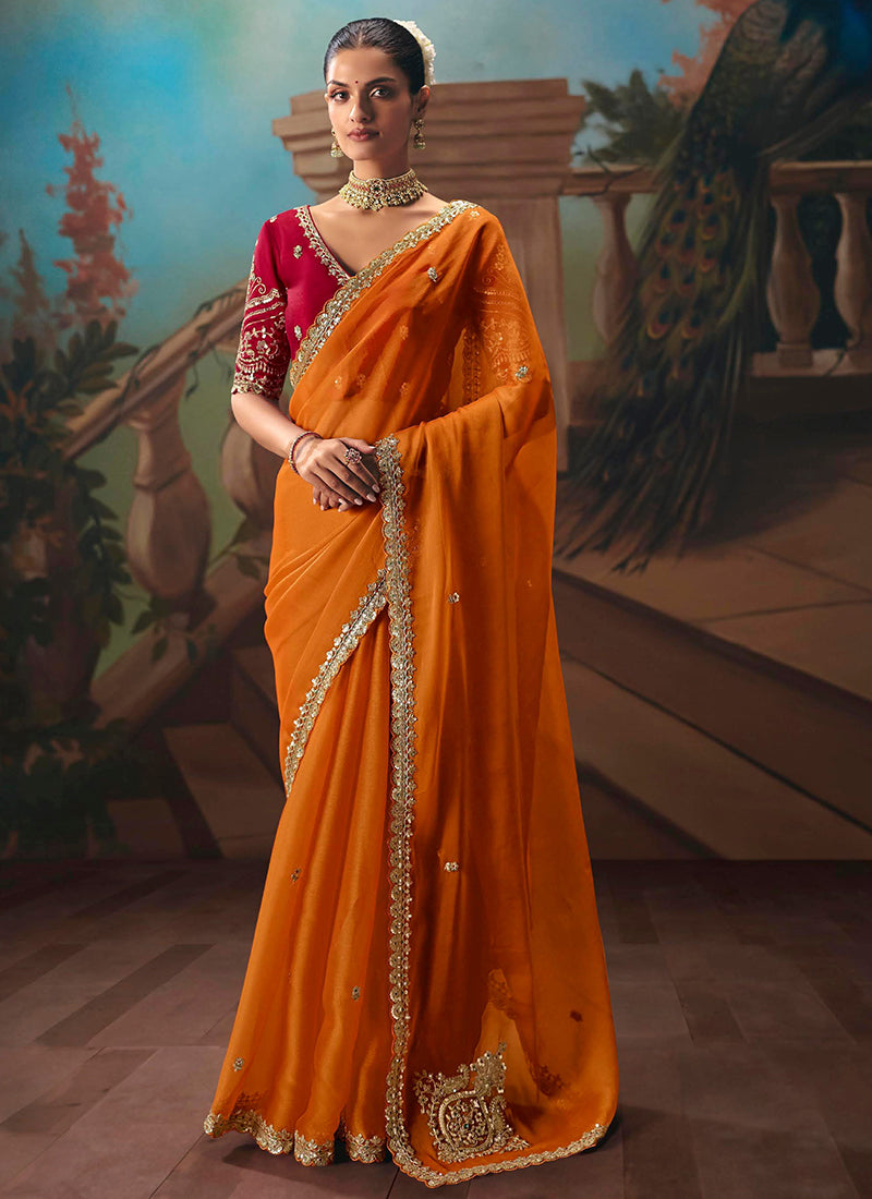 Orange Fancy Sequins Work  Wedding Wear Saree SW237614