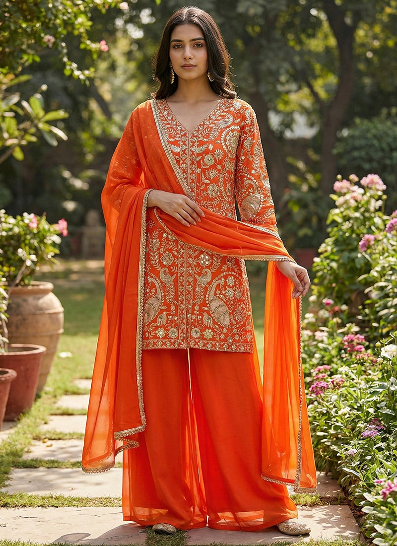 Orange Faux Georgette Embroidery Work Party Wear Readymade Plazzo Suit SW872219