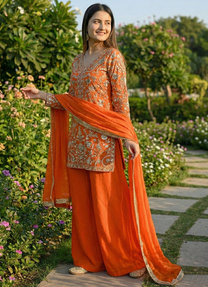 Orange Faux Georgette Embroidery Work Party Wear Readymade Plazzo Suit SW872219
