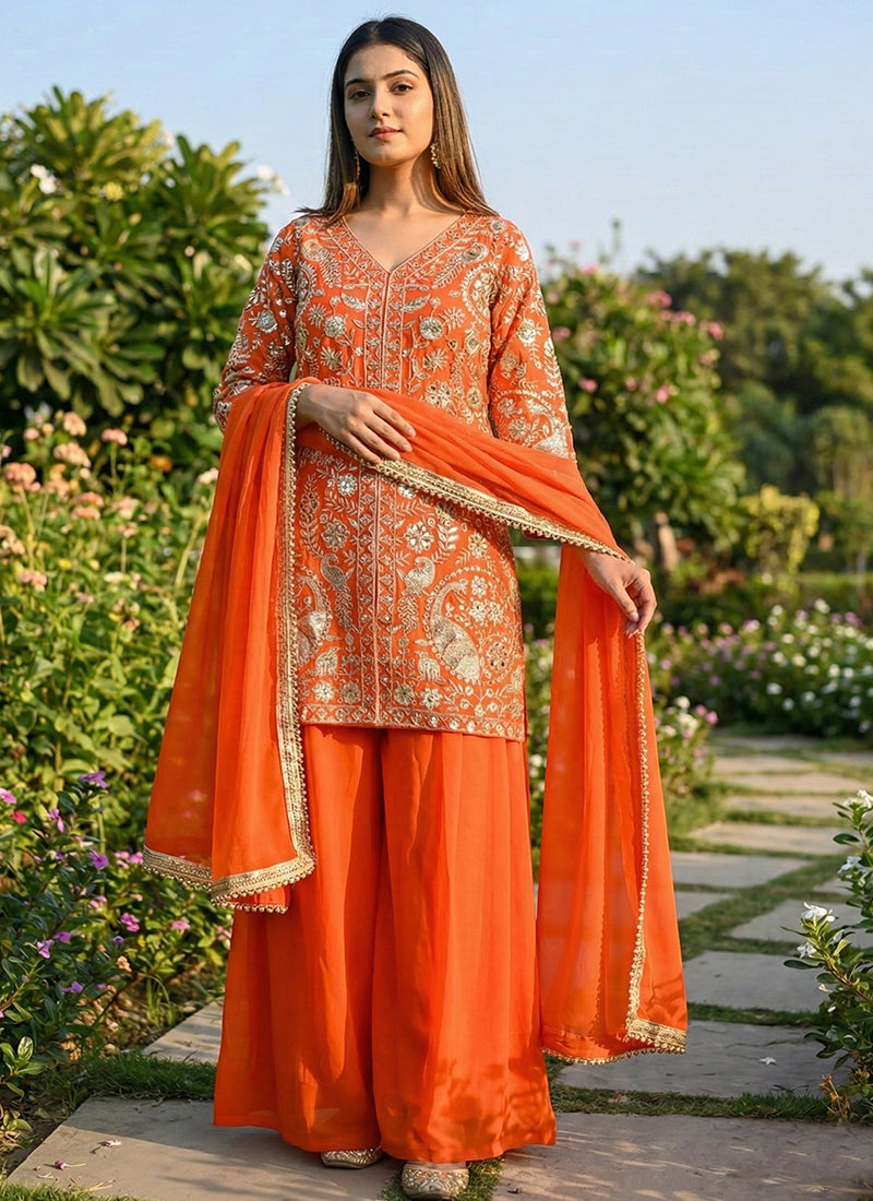 Orange Faux Georgette Embroidery Work Party Wear Readymade Plazzo Suit SW872219