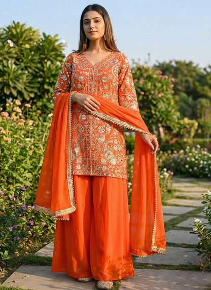Orange Faux Georgette Embroidery Work Party Wear Readymade Plazzo Suit SW872219