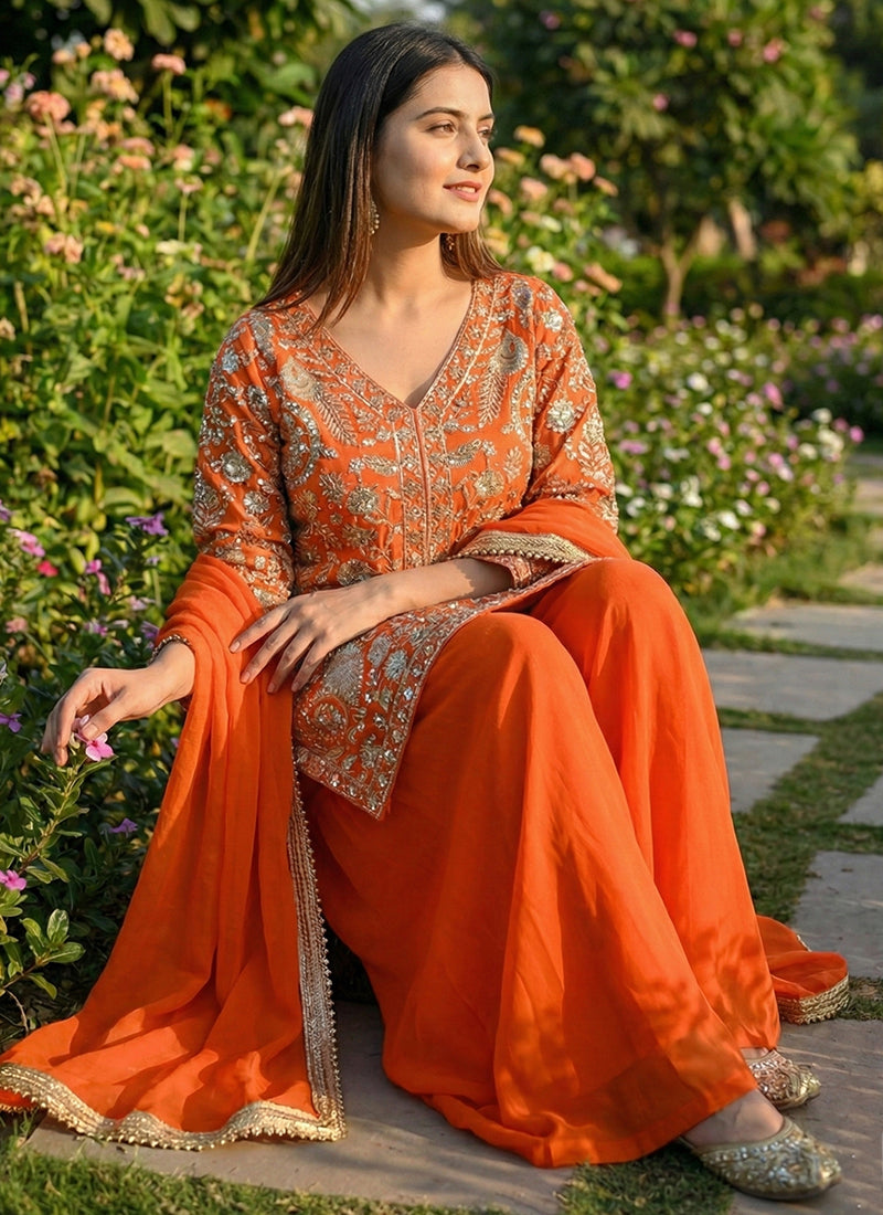 Orange Faux Georgette Embroidery Work Party Wear Readymade Plazzo Suit SW872219