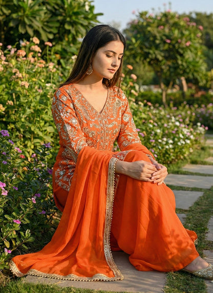 Orange Faux Georgette Embroidery Work Party Wear Readymade Plazzo Suit SW872219