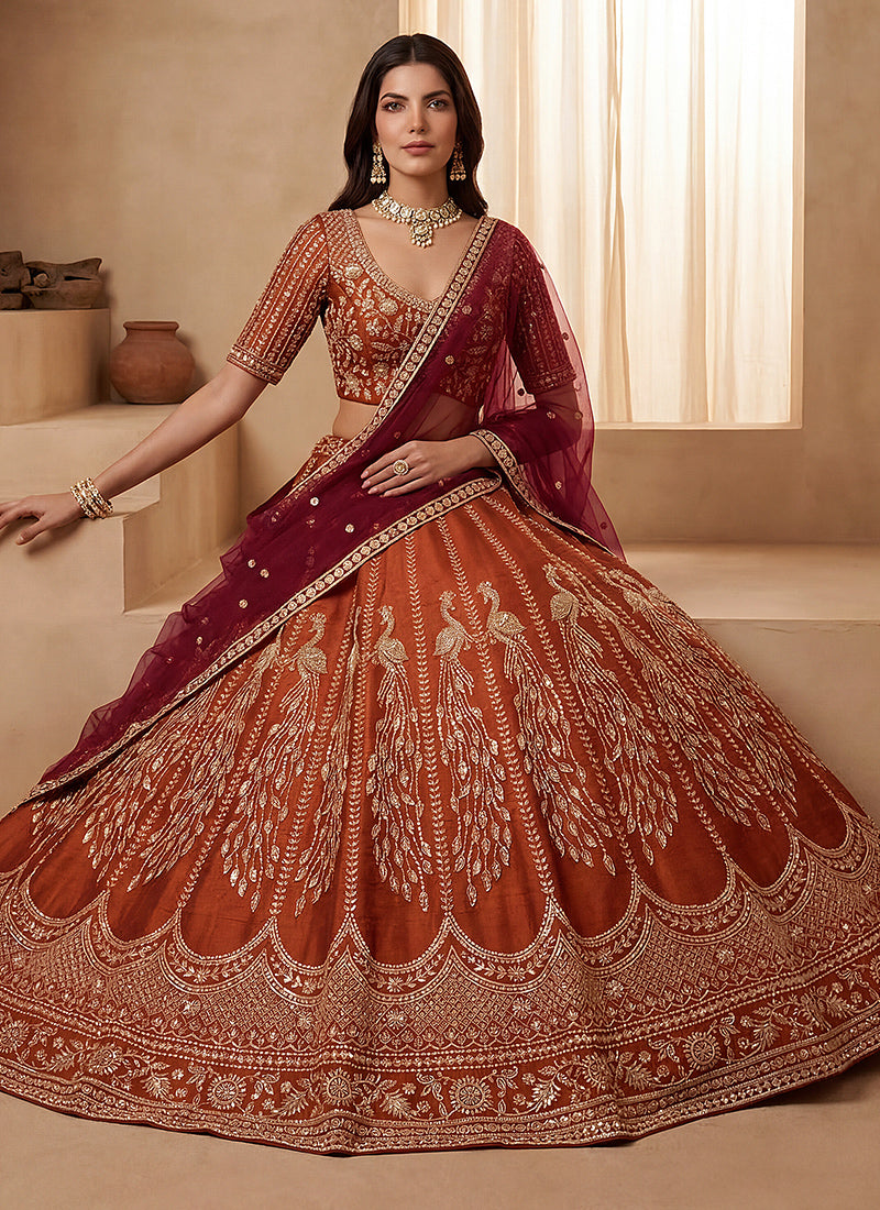 Orange Gadhwal Premium Silk Embroidery Work Wedding Wear Lehenga Choli SW122471