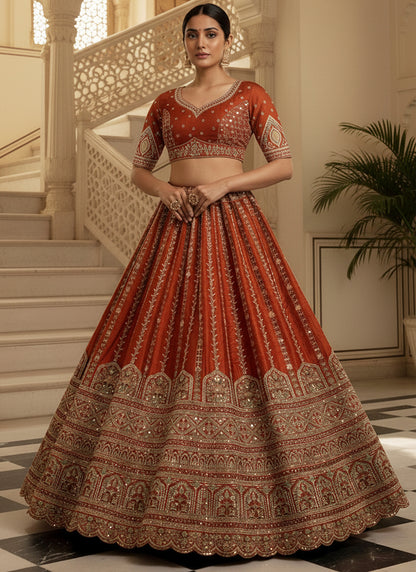 Gadhwal Silk Orange Bridal Wear Heavy Work Lehenga Choli 387445