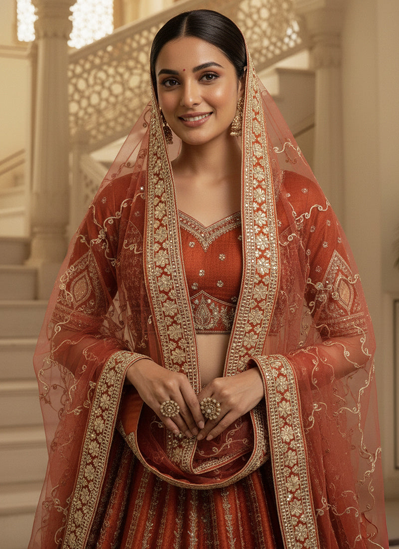 Gadhwal Silk Orange Bridal Wear Heavy Work Lehenga Choli 387445