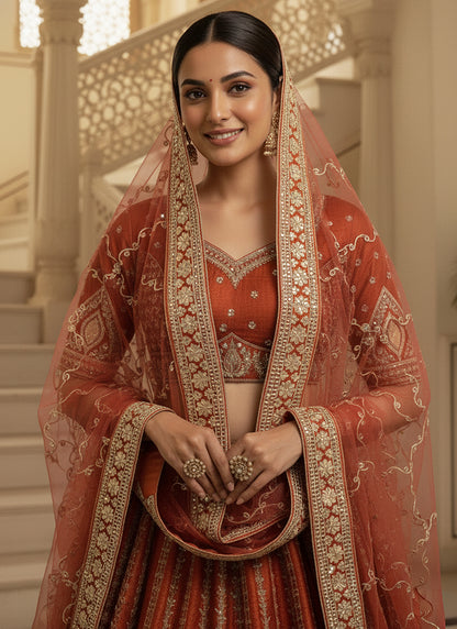 Gadhwal Silk Orange Bridal Wear Heavy Work Lehenga Choli 387445