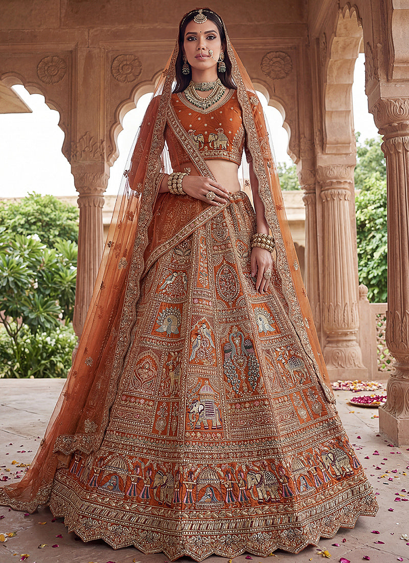 Orange Gadhwal Silk Embroidery Work Wedding Wear Lehenga Choli SW584402