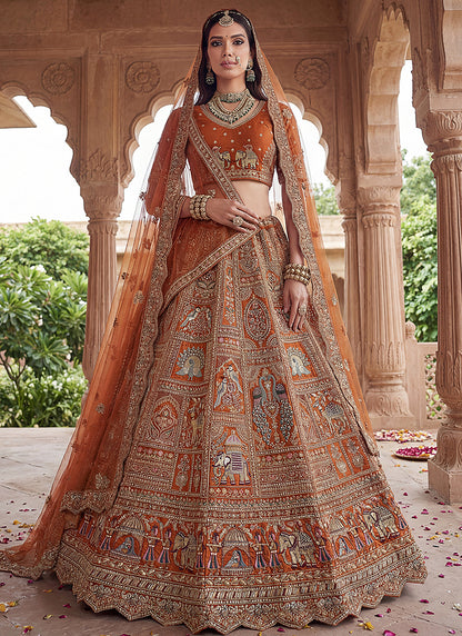 Orange Gadhwal Silk Embroidery Work Wedding Wear Lehenga Choli SW584402