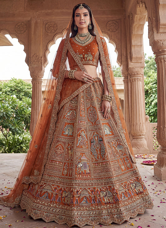 Orange Gadhwal Silk Embroidery Work Wedding Wear Lehenga Choli SW584402