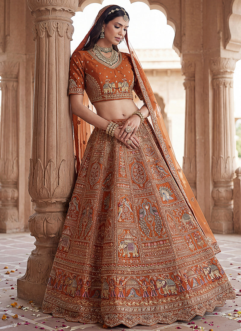Orange Gadhwal Silk Embroidery Work Wedding Wear Lehenga Choli SW584402