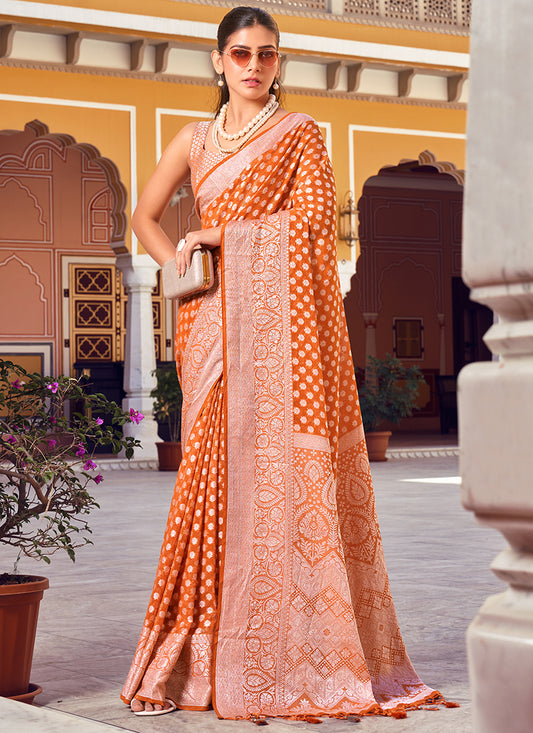 Georgette Orange Saree with Printed Work for Festival Wear 379801