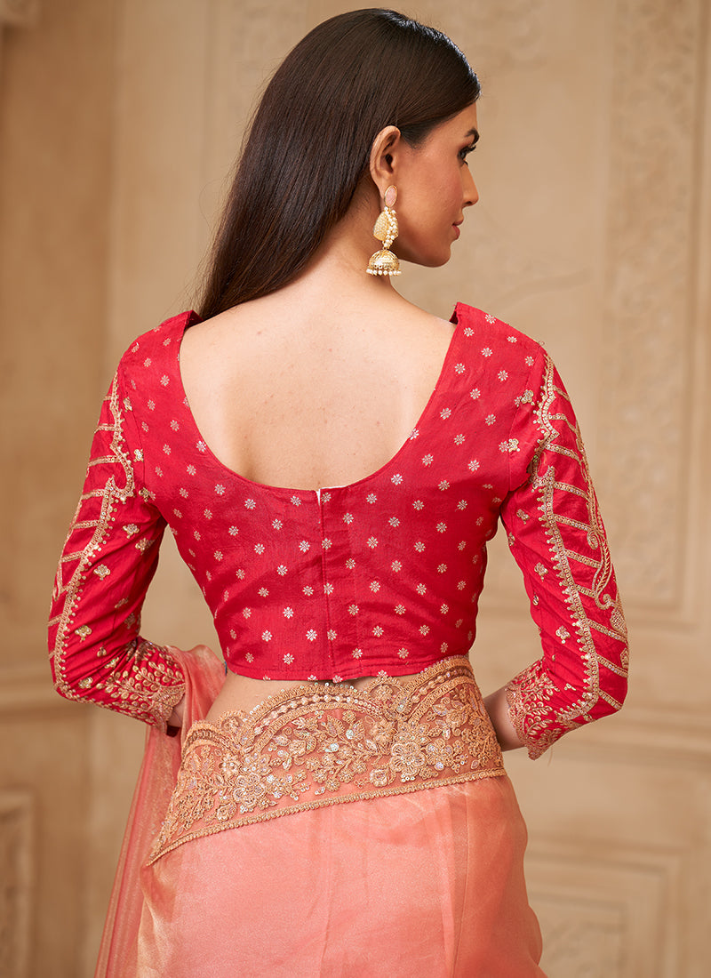 Georgette Orange Party Wear Embroidery Work Saree 385712