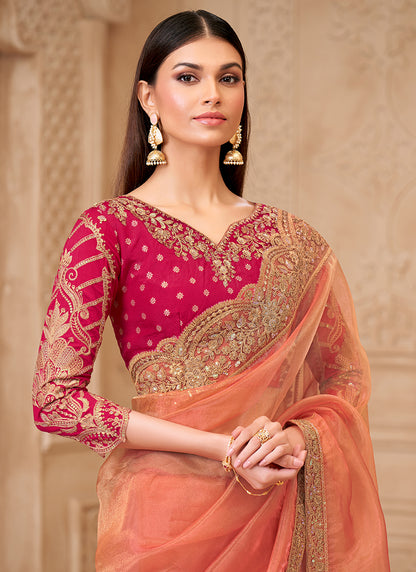 Georgette Orange Party Wear Embroidery Work Saree 385712
