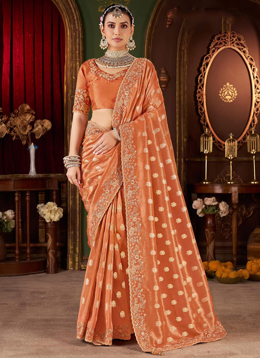 Jacquard Tissue Silk Orange Wedding Wear Border Work Wedding Saree 387804