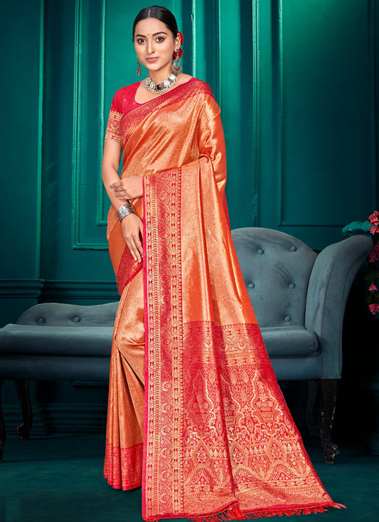 Kanjivaram Silk Orange Festival Wear Weaving Work Saree 387997