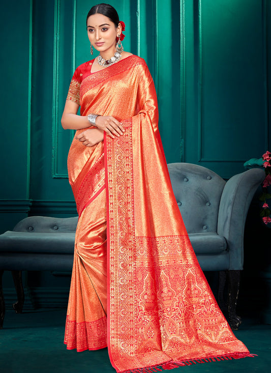 Kanjivaram Silk Orange Festival Wear Weaving Work Saree 388000