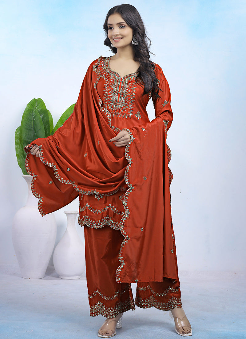 Natural Crepe Orange Party Wear Sequins Embroidery Work Readymade Plazzo Suit 388243