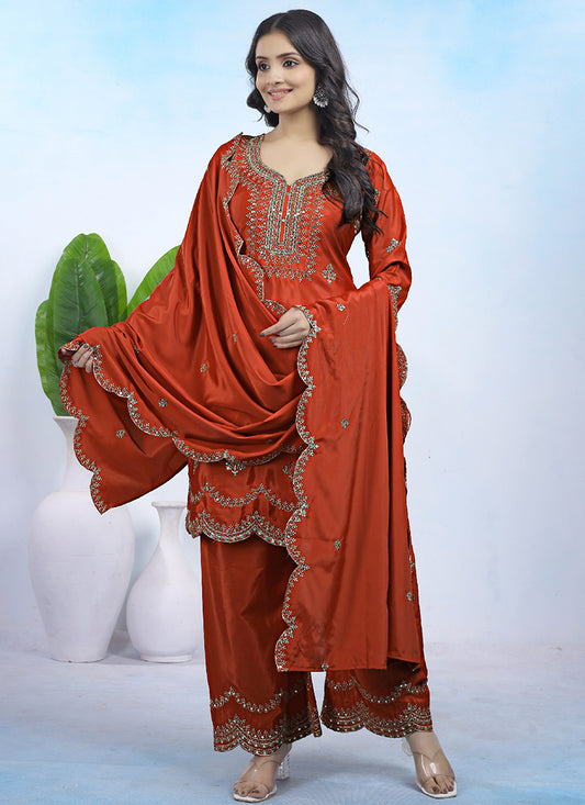 Natural Crepe Orange Party Wear Sequins Embroidery Work Readymade Plazzo Suit 388243