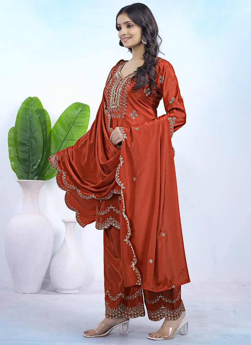 Natural Crepe Orange Party Wear Sequins Embroidery Work Readymade Plazzo Suit 388243