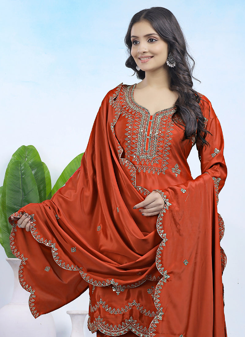 Natural Crepe Orange Party Wear Sequins Embroidery Work Readymade Plazzo Suit 388243