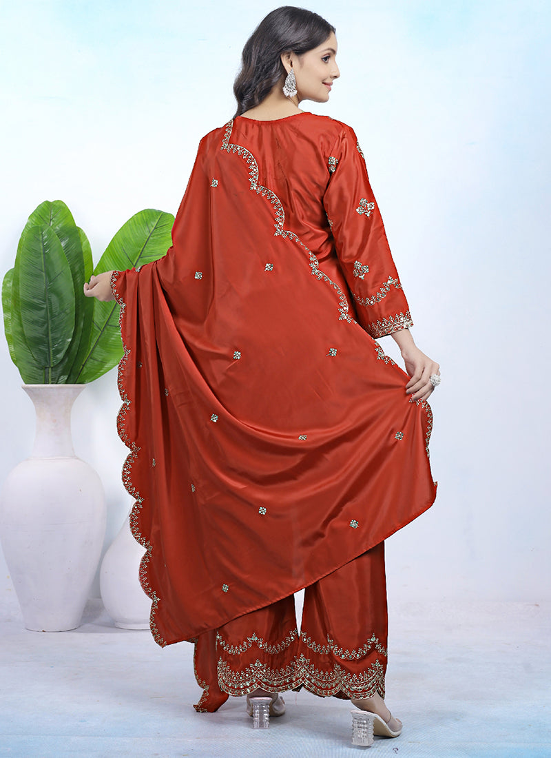 Natural Crepe Orange Party Wear Sequins Embroidery Work Readymade Plazzo Suit 388243
