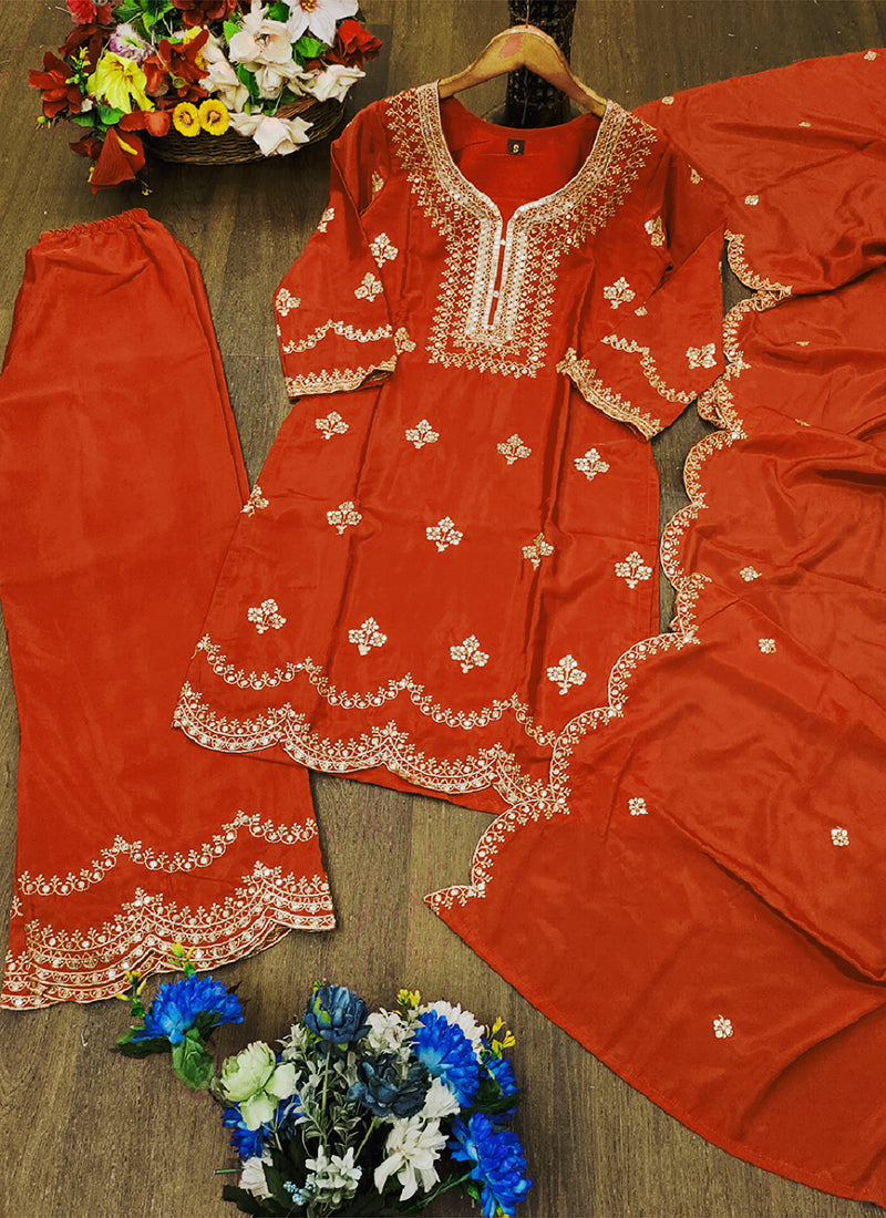 Natural Crepe Orange Party Wear Sequins Embroidery Work Readymade Plazzo Suit 388243