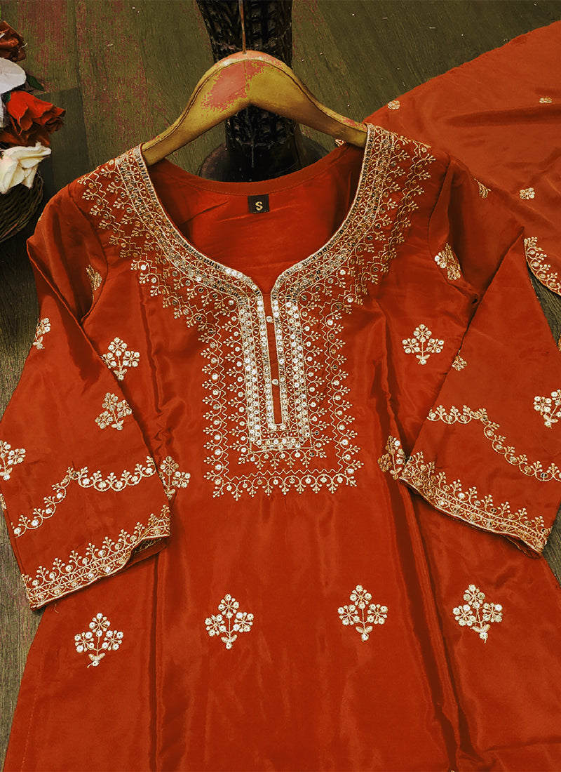 Natural Crepe Orange Party Wear Sequins Embroidery Work Readymade Plazzo Suit 388243