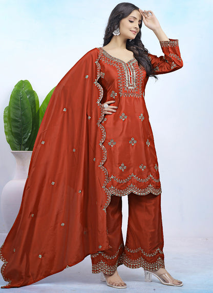 Natural Crepe Orange Party Wear Sequins Embroidery Work Readymade Plazzo Suit 388243